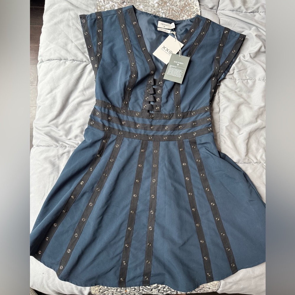 Zac Posen Navy and Black Stud-Trim Midi Dress